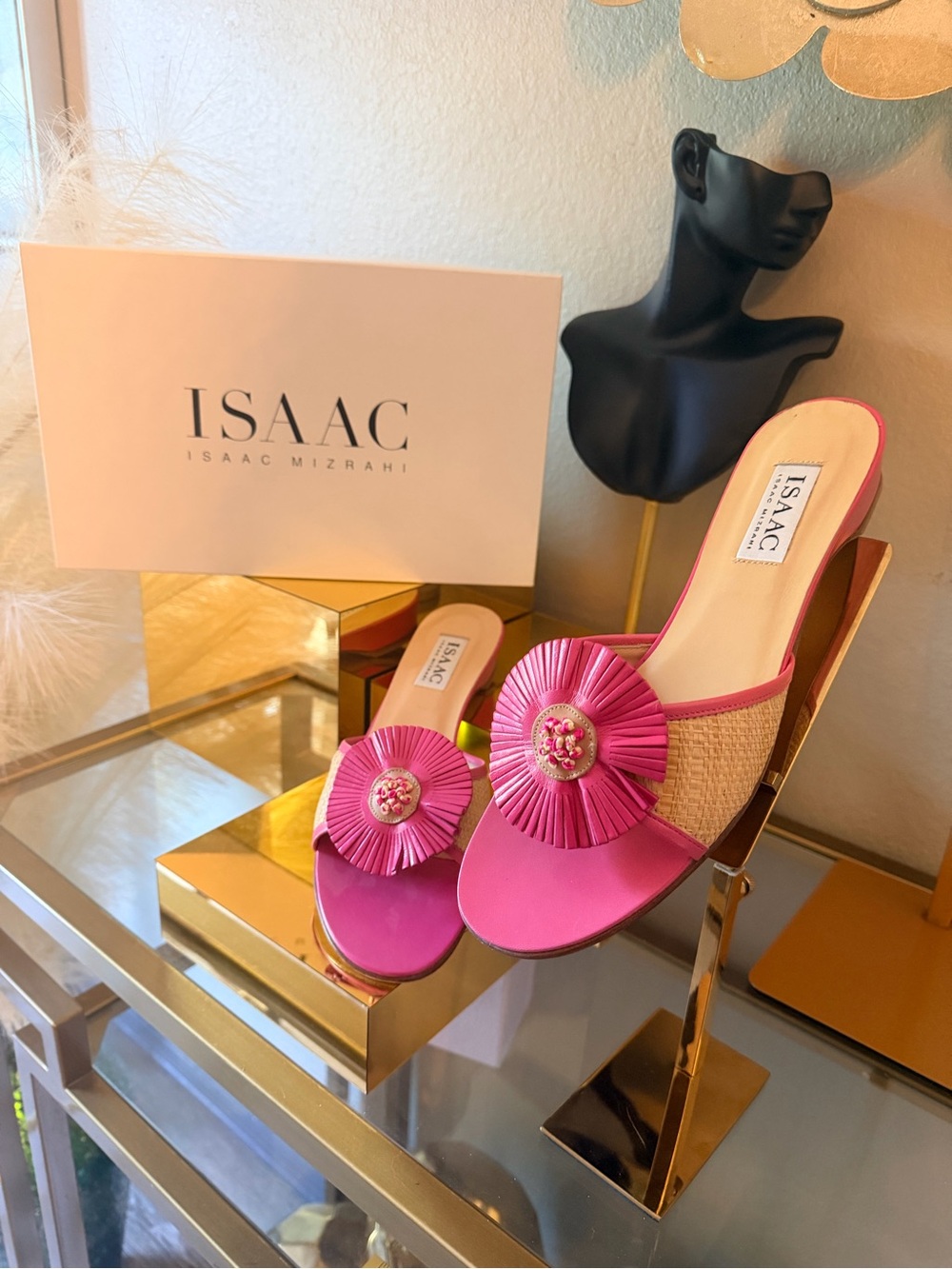 🌸 Isaac Mizrahi Hot Pink Raffia-Trim Slide Mules with Rosette